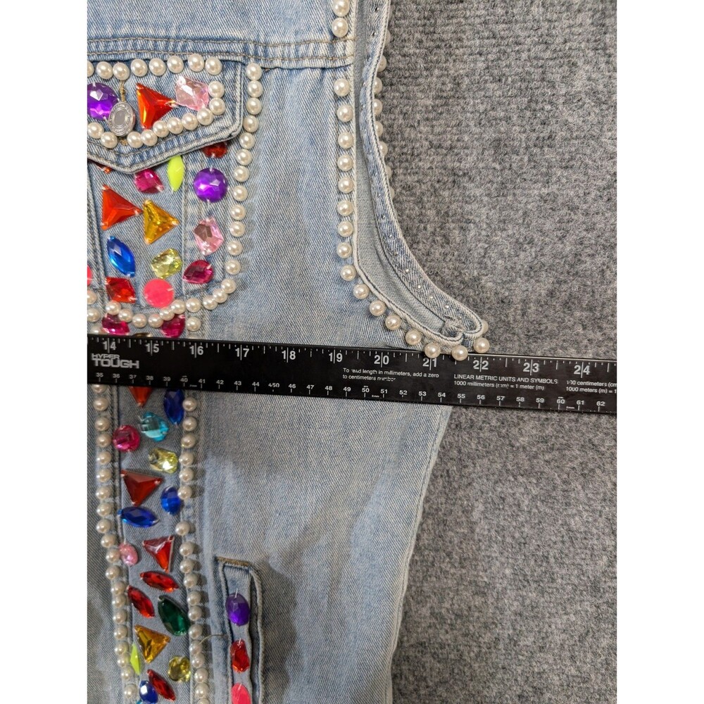 Handmade Denim Vest Pearl Embellished Sequin Floral Boho Festival Western - Picture 9 of 10